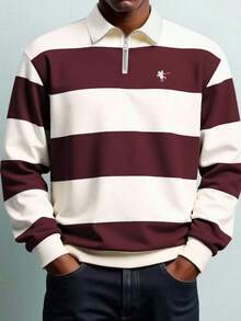 Manfinity Dauomo Men's Casual Fashionable Street Wear Everyday Commute Contrast Stripe & Knight Print Half-Zip Turndown Collar Loose Sweatshirt, Spring/Autumn - Red and White - View 3