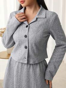 Modelyn 2pcs Women Front Button Long Sleeve Top And Skirt Set, Fashionable For Outings In Autumn/Winter - Light Grey - View 6
