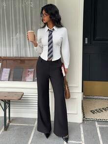 SHEIN EZwear Pantalon large noir polyvalent et pour le travail, pantalon habillé pour femme, printemps - Noir - Voir 4