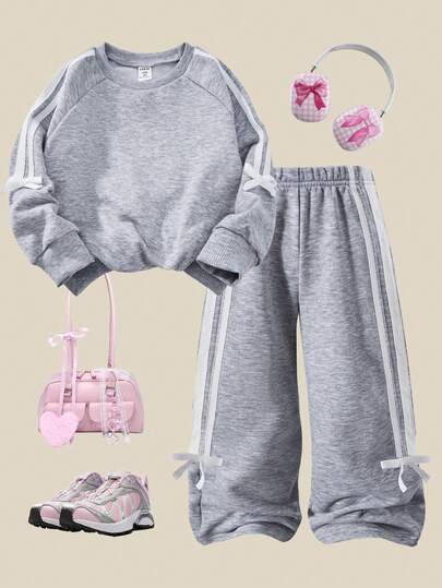 Casuvi Kids Casuvi 女童两件套：粉色针织套头卫衣和阔腿裤，饰有蝴蝶结，侧边撞色滚边，休闲可爱风格，适合春秋季日常穿着、运动和度假。