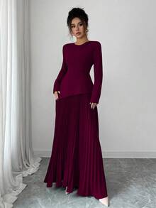 Elenzga Olive Green Asymmetrical Hem Layered Long Sleeve Round Neck Elegant Commuter Versatile Pleated Dress, Autumn/Winter - Burgundy - View 5