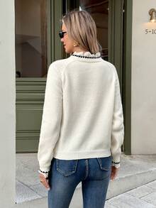 Serisse 女士休闲蝴蝶结装饰插肩袖蕾丝领口毛衣，长袖毛衣，宽松圆领3D蝴蝶结休闲毛衣，秋冬休闲圆领钩针贝壳装饰撞色滚边毛衣，适合秋冬季节，女士外出，时尚毛衣，秋季女装，新年，派对，毕业典礼，休闲，舞会，外出上衣，冬季休闲，四季皆宜，新年服装 - 彩色 - 查看 6