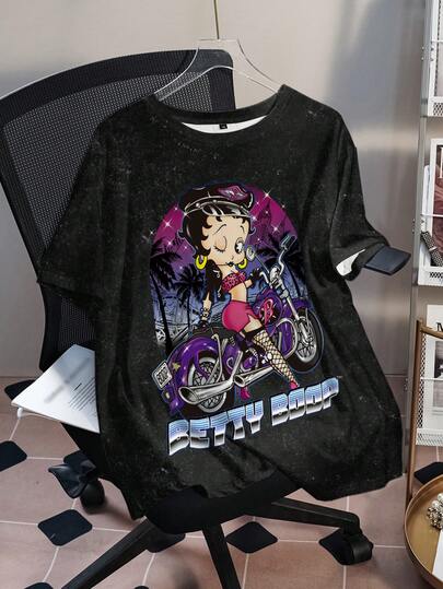 Betty Boop x SHEIN 大码女式夏季休闲时尚街头度假性感卡通人物字母印花水洗宽松T恤
