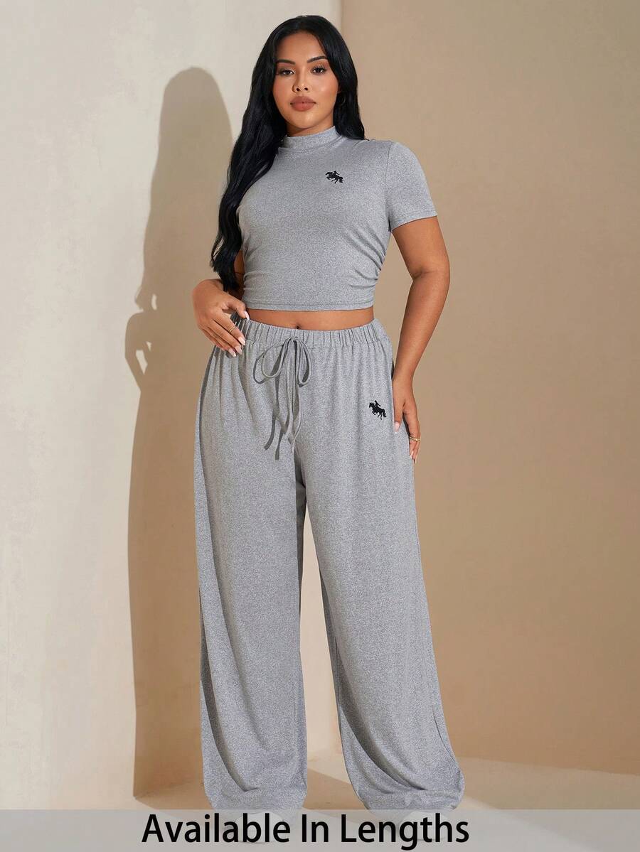 SHEIN Tall CURVE 2pcs Plus Size Women Grey Embroidered Logo Casual Set, Spring/Summer, Sweatpants Set,CasualSummer Outfits For Women,Club Outfits Women,Beach Vacation Outfits,Two Pieces Set Women 2 Pieces Lounge Sets Woman Wide Leg Sweatpants - Grey - View 1