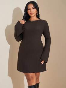 SHEIN Tall CURVE 1 件女士休闲纯色优雅喇叭袖连衣裙，春夏 - 棕色 - 查看 3