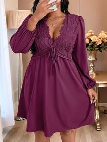 SHEIN LUNE Robe casual grande taille de couleur unie avec patchwork en dentelle, robe mi-longue avec manches lanternes et taille nouée en dentelle. Convient pour le printemps/automne, décontractée, rétro et élégante pour le quotidien et les fêtes - Fushia - Voir 6