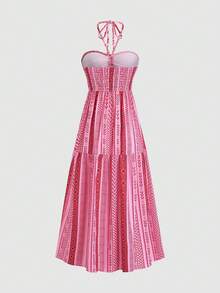 Sweetra Petite Váy không tay lãng mạn in họa tiết Boho Wheat Boho Beach mùa hè cho nữ, xẻ cao, màu Sweet Dopamine - Hồng - Xem 2