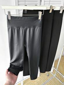 SHEIN Tween Girls Casual Versatile Simple Elegant High Waist Slim Fit PU Plus Stretch Knit Solid Black Leggings Three-Pack, Buy 1 Get 2 Free, Suitable For Autumn Winter Casual Daily Wear - Black - View 2