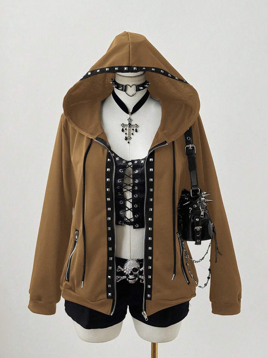 Sunspun Chaqueta con capucha de manga larga con decoración de remaches, estilo oscuro y punk, talla grande - Camel - Ver 1