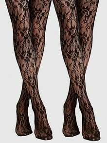 ROMWE Goth 2 Pairs French Fashion Black Rose Lace Stockings, Suitable For Pairing With Dresses - Black - View 1