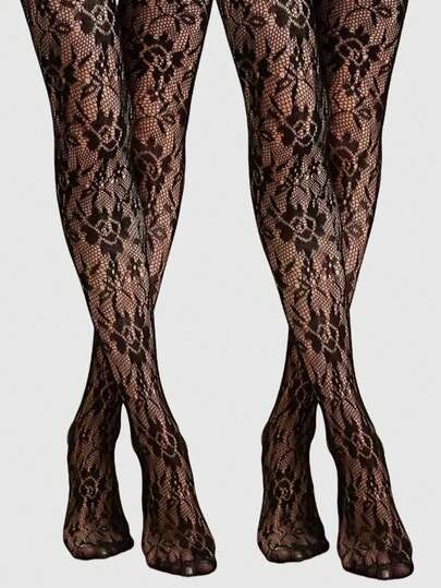 ROMWE Goth 2 Pairs French Fashion Black Rose Lace Stockings, Suitable For Pairing With Dresses