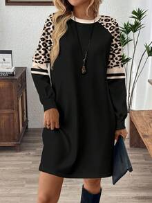 EMERY ROSE 女士复古豹纹条纹印花时尚圆领长袖休闲短裙，优雅经典，适合秋冬季节，约会、聚会、通勤皆宜。 - 白色 - 查看 4