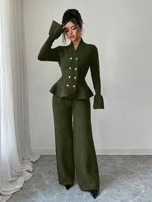 Elenzga Bộ 2 món: Áo khoác cardigan cổ đứng tay loe thắt eo thanh lịch dành cho người đi làm thường ngày màu xanh lam & áo len dệt kim ống đứng, Thu/Đông - màu xanh lá - Xem 3