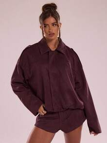 SHEIN BAE Casual Loose Cropped Jacket - Red Violet - View 4