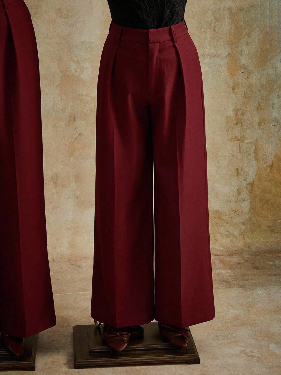 Anewsta Elegant Fashion Design Pleated Pocket Solid Color Straight Leg Pants, Petite