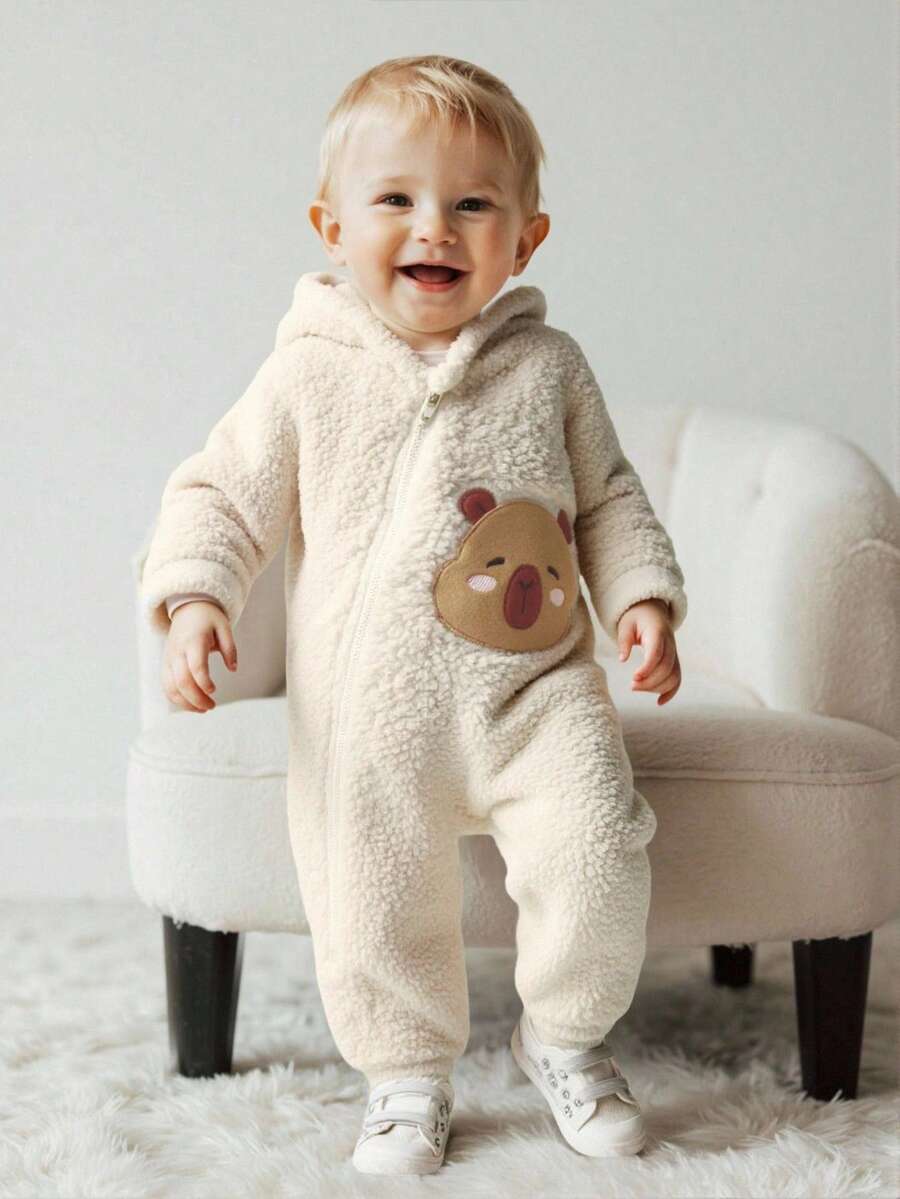 Cozy Pixies 男婴秋冬卡通图案保暖内衬连帽长袖连体衣，百搭舒适 - 杏色 - 查看 1