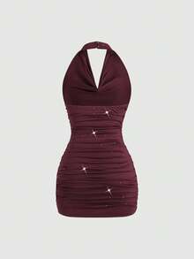 Sweetra Women's New Sexy Backless Ruched Waist Slim Fit Shiny Wrap Dress, Suitable For Daily Commute, Graduation, Independence Day Party - Red Violet - View 2