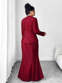 Elenzga 大码女式两件套收腰喇叭鱼尾裙优雅淑女套装，休闲两件套新款收腰 A 字型纽扣衬衫和裙子，适合返校、毕业典礼、情人节、音乐节、母亲节、万圣节、感恩节、复活节、国庆节、联欢晚会、约会派对、婚礼季、户外旅行 - 酒紅色 - 查看 6