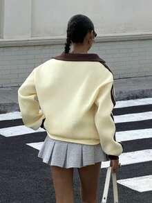 Muchica Women's Autumn/Winter Thermal-Lined Contrast Color Ribbon Embroidered Loose Polo Neck Sweatshirt For Going Out Outfits, Streetwear, Y2K Clothes