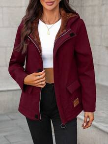 SHEIN LUNE 女士纯色保暖连帽衫，带口袋，常规版型，休闲日常外套，秋冬款 - 紅色 - 查看 6