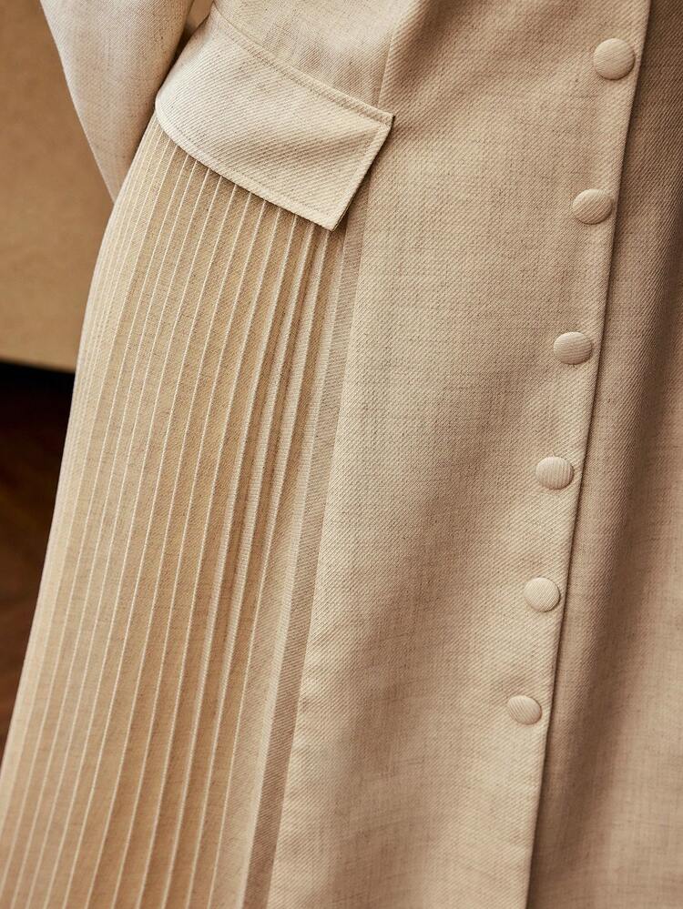 VESTIDO DE MANGA LARGA CON CUELLO DE SOLAPA Y PLIEGUES DE CONTRASTE TALLA GRANDE