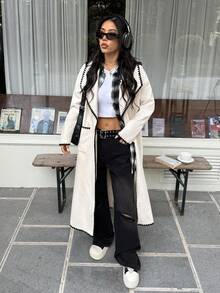 SHEIN EZwear 2025新款秋季女式时尚长袖外套，撞色翻领和口袋设计，适合外出穿搭和街头服饰。 - 杏色 - 查看 3