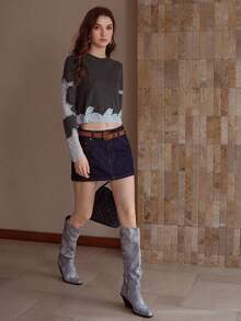 MOTF PREMIUM CONTRAST LACE ROUND NECK CROP SWEATER - Grey - View 4