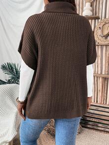 Plus Size Solid Color Turtleneck Batwing Sleeve Knit Top, Casual For Autumn/Winter - Coffee Brown - View 2