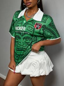 Slaydiva 2026 Spring/Summer New Arrivals Valentine's Day, Music Festivals, Easter, Western Style, Nomadic Style, Bohemian Style, Nashville Style, Party,Travel, Beach, Seaside, Sunbathing, Street Style, Sexy Club, Y2K, Punk Racing, Street Style, Polo Collar Figure & Letter Graphic Short Sleeve T-Shirts - Multicolor - View 5