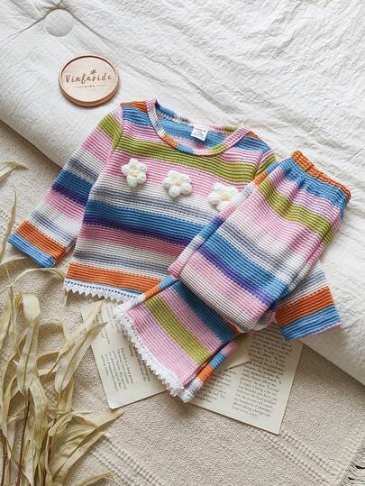 Vintaside Kids 2pcs Baby Girls Rainbow Striped Floral Crochet Decor Long Sleeve Top And Elastic Waist Bell-Bottom Pants Set, Tassel Trim, Casual Chic Outfit For Autumn, Suitable For Multiple Occasions