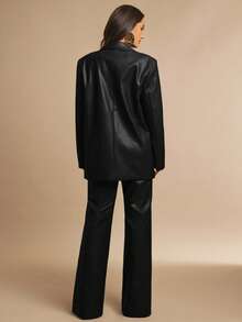 Silquee Pantalones anchos de mujer con bolsillos en diagonal de piel sintética - Negro - Ver 2