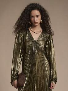 Florisole 女士秋冬系带褶裥长裙 - 金色 - 查看 6