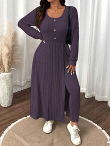 SHEIN LUNE Plus Size Women Solid Color Fuzzy Ribbed Minimalist Casual Autumn/Winter Top And Slim Fit Pants Set - Purple - View 4