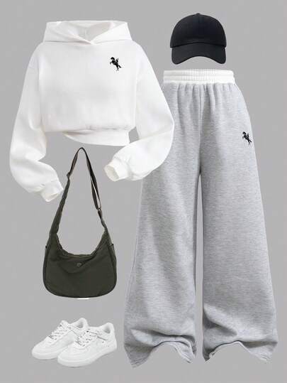 SHEIN 2pcs/Set Tween Girl Loose Casual Simple Comfortable Matching Hooded Sweatshirt And Contrast Color Pants Set