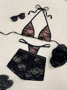 Swim SXY 3件套蕾丝吊带上衣、丁字裤和短款罩衫泳衣套装，女士春夏款 - 黑色 - 查看 4