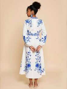 Travachic KIDS Tween Girl Cute & Elegant Blue & White Floral Print Long Sleeve Dress - Multicolor - View 3