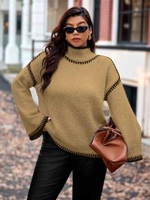 Vionelle Plus Size Women Knitted Pullover Sweater, Elegant Fashion Color Block Loose Fit Casual Versatile Top, Autumn/Winter Fall Sweater Jumper For Woman Brown Sweater Women Sweater Knitted Sweater - Khaki - View 3