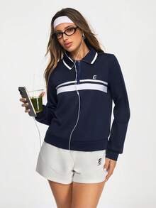 Eassivo Eassivo 女士条纹长袖拉链休闲健身运动Polo衫