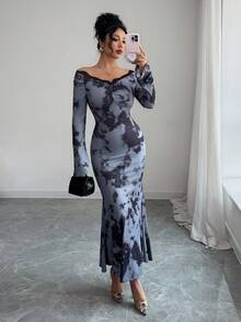 Modelyn Elegant Off Shoulder Ruched Mermaid Hem Dress With Lace Trim, High-End, Flattering, Suitable For Autumn/Winter - Multicolor - View 8