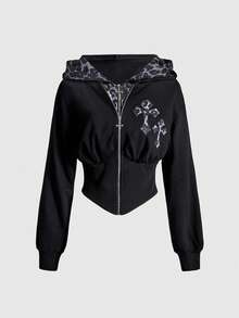 ROMWE Goth 女款 Kpop 复古 Y2K 修身二合一豹纹十字刺绣卫衣 - 黑色 - 查看 1