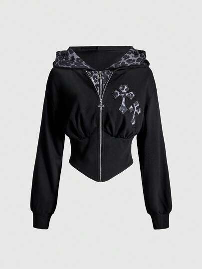 Goth Women's Kpop Retro Y2K Fitted 2 In 1 Leopard Print Cross Embroidered Hoodie Sweatshirt