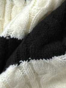 Elamini 女士休闲V领条纹灯笼袖针织衫，多色可选，适合秋冬季穿着 - 黑與白 - 查看 6