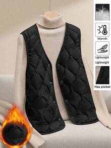 Linhara 大码休闲简约时尚超轻V领背心，适合秋冬季节穿着，带口袋 - 黑色 - 查看 1