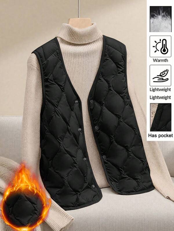 Linhara Plus Size Casual Minimalist Fashion Ultra-Light V-Neck Vest, Suitable For Autumn And Winter, With Pockets