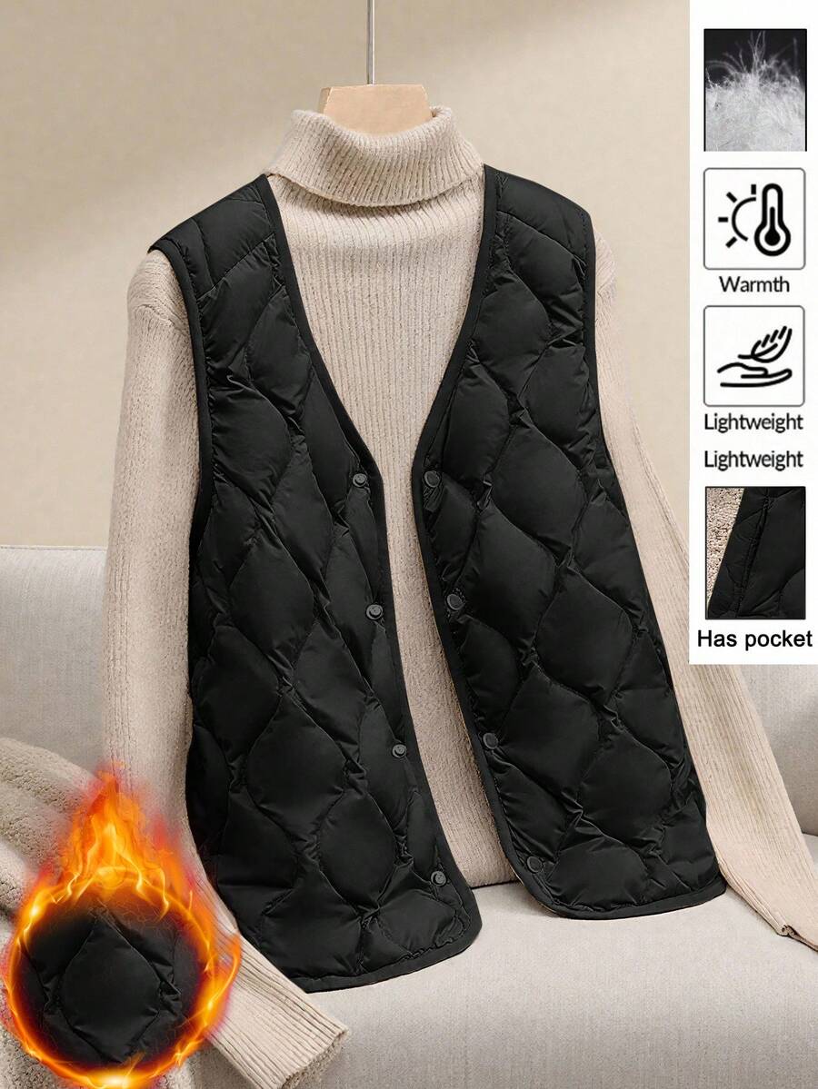 Linhara 大码休闲简约时尚超轻V领背心，适合秋冬季节穿着，带口袋 - 黑色 - 查看 1