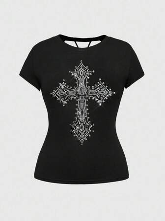 Grunge Punk T-shirt polyvalent ajusté de couleur unie avec crâne punk Y2K, croix, rivets et dos ajouré, taille grande