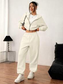 INAWLY Women's Solid Color Hooded Drawstring Sweatshirt And Pants 2 Pieces Set - Apricot - View 3
