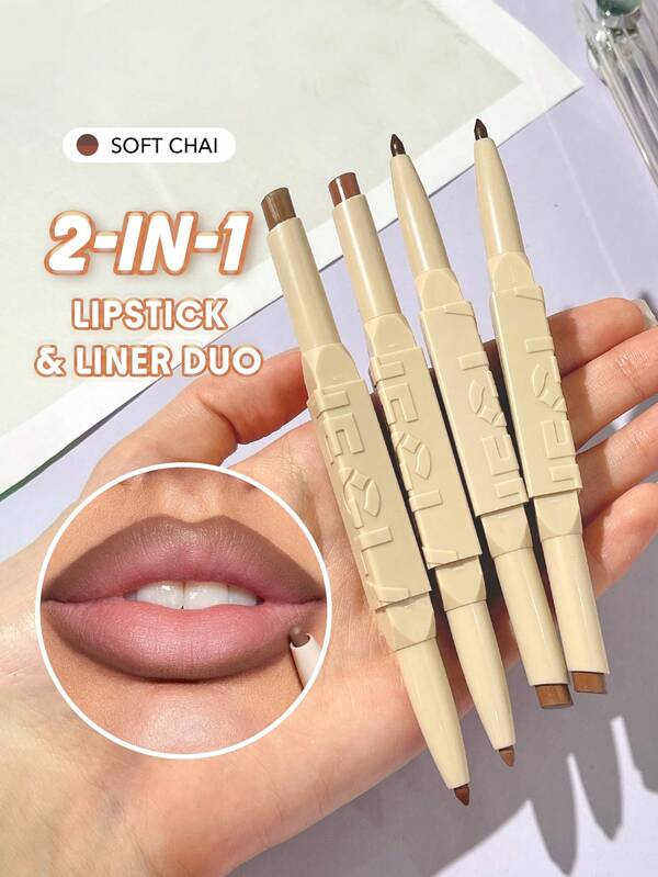 SHEGLAM Glam 101 Lipstick & Liner Duo-Soft Chai 2-In-1 Matte Dual-Ended Lip Liner Lipstick Pencil Highly Pigmented Long Lasting Smooth Easy To Wear Lip Makeup Pink Brown Lip Liner Lip Combo Brand Beauty Makeup Face Paint Cosmetic For Women Girls Perfect For Winter Ideal For Y2K Fancy Fashion Suitable For Birthday Gift Party Ready Best Color