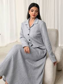 Modelyn 2pcs Women Front Button Long Sleeve Top And Skirt Set, Fashionable For Outings In Autumn/Winter - Light Grey - View 7