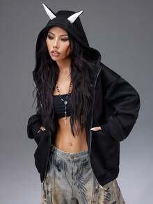 Bloopia Women's Casual Long Sleeve Hoodie Jacket With Dog Ear Design And Zipper Pockets - Black - View 5